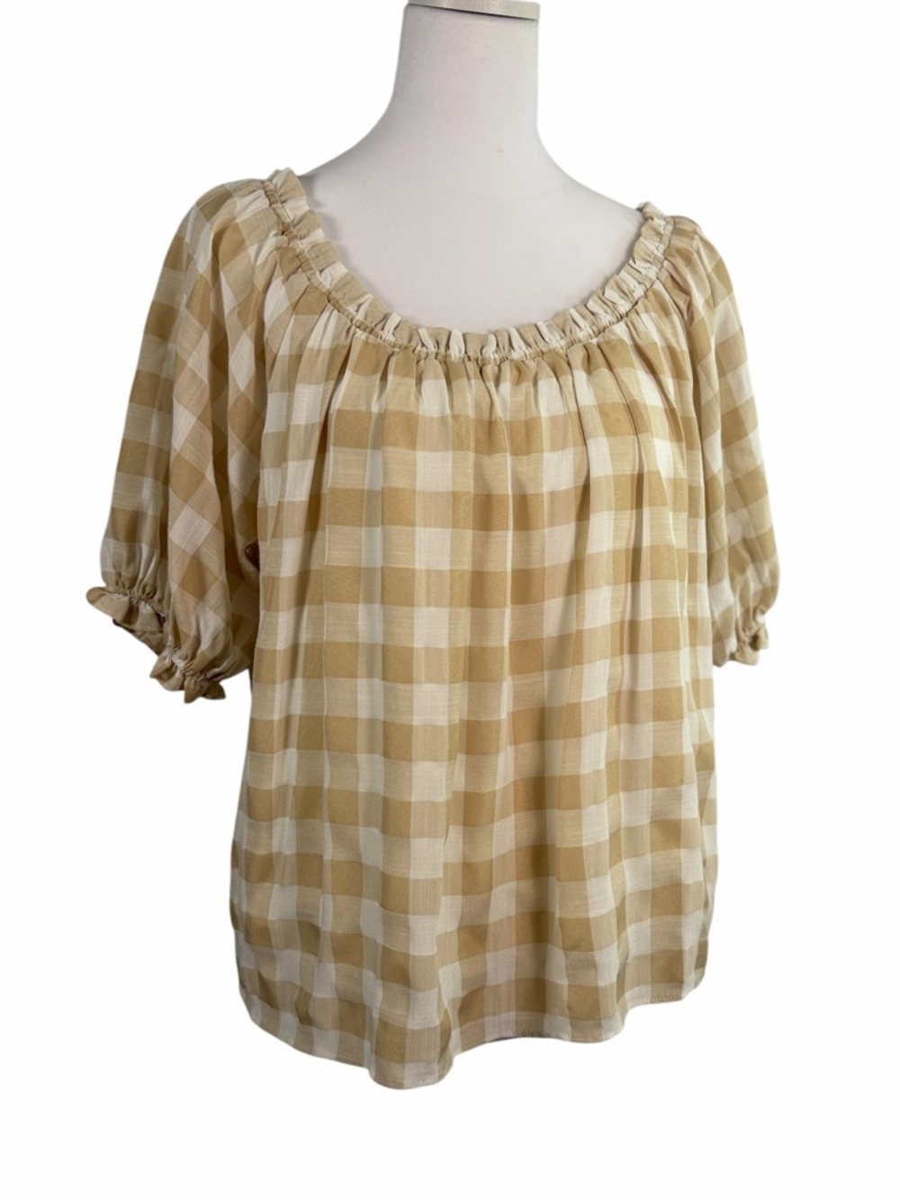 English Factory Tan/White Gingham Boho Peasant Blouse- Puff Sleeves Size M